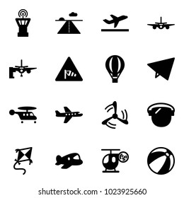 Solid vector icon set - airport tower vector, runway, departure, plane, boarding passengers, side wind road sign, air balloon, paper fly, helicopter, mill, protect glass, kite, toy, beach ball