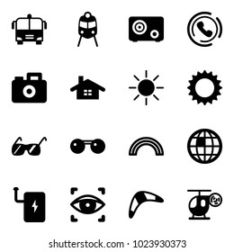 Solid vector icon set - airport bus vector, train, safe, phone horn, camera, home, sun, sunglasses, rainbow, globe, power bank, eye scanner, boomerang, helicopter toy