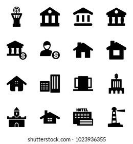 Solid vector icon set - airport tower vector, bank, account, home, building, doors, sand fort, sea hotel, lighthouse