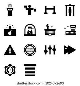 Solid vector icon set - airport tower vector, traffic controller, vip zone, metal detector gate, terrorism, officer window, building, light road sign, customs, settings, fast forward, gear globe