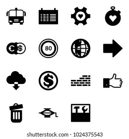 Solid vector icon set - airport bus vector, schedule, heart gear, stopwatch, euro dollar, speed limit 80 road sign, globe, right arrow, download cloud, brick wall, finger up, trash bin, jack