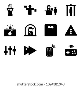 Solid vector icon set - airport tower vector, traffic controller, passport control, metal detector gate, terrorism, officer window, floor scales, light road sign, settings, fast forward, remote
