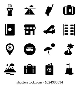 Solid vector icon set - airport tower vector, runway, suitcase, passport, duty free, trap truck, plane seats, dollar pin, bus road sign, beach, palm, mountains, sand castle