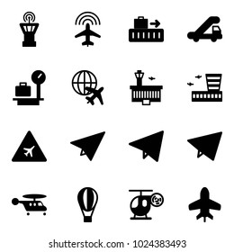 Solid vector icon set - airport tower vector, plane radar, baggage, trap truck, scales, globe, building, road sign, paper, fly, helicopter, air balloon, toy