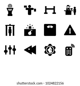 Solid vector icon set - airport tower vector, traffic controller, vip zone, passport control, metal detector gate, terrorism, floor scales, light road sign, settings, fast backward, gear globe