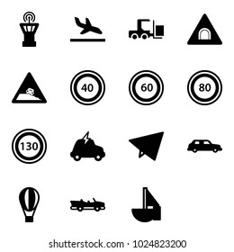 Solid vector icon set - airport tower vector, arrival, fork loader, tunnel road sign, steep roadside, speed limit 40, 60, 80, 130, electric car, paper fly, limousine, air balloon, cabrio