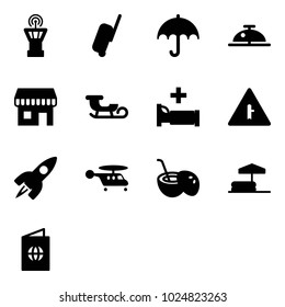 Solid vector icon set - airport tower vector, suitcase, insurance, client bell, duty free, sleigh, hospital bed, intersection road sign, rocket, helicopter, coconut cocktail, inflatable pool