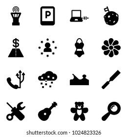 Solid vector icon set - airport tower vector, parking sign, notebook connect, moon flag, dollar, star man, swimsuit, flower, phone, snow, jointer, rasp, wrench screwdriver, guitar, bear toy, beanbag