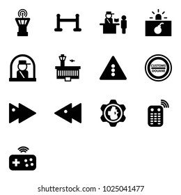 Solid vector icon set - airport tower vector, vip zone, passport control, terrorism, officer window, building, traffic light road sign, customs, fast forward, backward, gear globe, remote