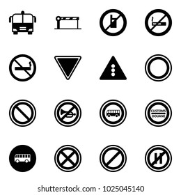 Solid vector icon set - airport bus vector, barrier, no mobile sign, smoking, giving way road, traffic light, prohibition, horn, customs, stop, parking, even