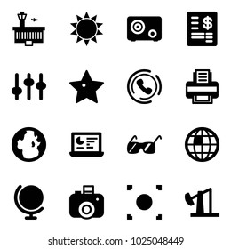 Solid vector icon set - airport building vector, sun, safe, account statement, settings, star, phone horn, printer, globe, statistics monitor, sunglasses, camera, record button, oil derrick