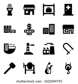 Solid vector icon set - airport tower vector, duty free, baggage room, first aid, hospital building, bank, store, hotel, lighthouse, plant, fretsaw, rubber hammer, cocncrete mixer, winch