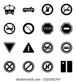 Solid vector icon set - airport bus vector, no mobile sign, smoking, prohibition road, stop, way, giving, traffic light, horn, parking, even, pause