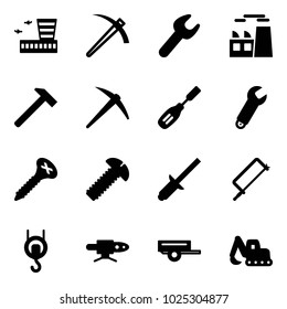 Solid vector icon set - airport building vector, job, wrench, plant, hammer, axe, chisel, screw, clinch, metal hacksaw, winch, pipe welding, trailer, excavator toy