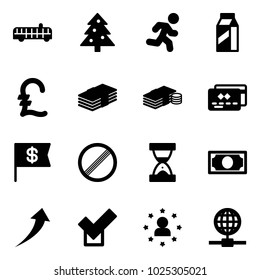 Solid vector icon set - airport bus vector, christmas tree, run, milk, pound, dollar, cash, credit card, flag, no limit road sign, sand clock, money, growth, check, star man, globe
