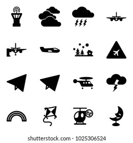 Solid vector icon set - airport tower vector, clouds, storm, plane, boarding passengers, small, christmas landscape, road sign, paper fly, helicopter, rainbow, kite, toy, moon lamp