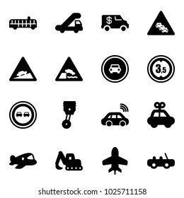 Solid vector icon set - airport bus vector, trap truck, encashment car, multi lane traffic road sign, climb, embankment, no, limited height, overtake, piston, wireless, toy, plane, excavator