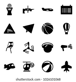 Solid vector icon set - airport tower vector, boarding passengers, small plane, schedule, side wind road sign, paper fly, ball, air balloon, kite, mill, protect glass, dryer, toy, helicopter, beach