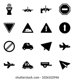 Solid vector icon set - airport tower vector, plane, boarding passengers, no way road sign, giving, climb, traffic light, only forward, limit, car, paper fly, baggage, trailer