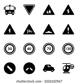 Solid vector icon set - airport bus vector, giving way road sign, children, intersection, side wind, artificial unevenness, attention, speed limit 30, 40, 70, 130, detour, car, helicopter toy