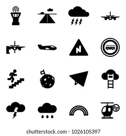 Solid vector icon set - airport tower vector, runway, storm, plane, boarding passengers, small, abrupt turn right road sign, no bus, career, moon flag, paper fly, cloud ladder, rain, rainbow