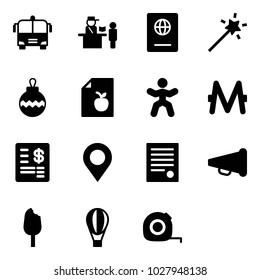 Solid vector icon set - airport bus vector, passport control, Magic wand, christmas ball, diet list, gymnastics, monero, account statement, map pin, agreement, speaker horn, ice cream, air balloon