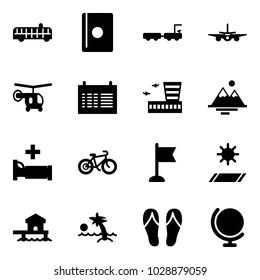 Solid vector icon set - airport bus vector, passport, baggage truck, plane, helicopter, schedule, building, mountains, hospital bed, bike, flag, mat, bungalow, palm, flip flops, globe