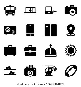 Solid vector icon set - airport bus vector, automatic doors, notebook connect, camera, safe, phone, pause, map pin, case, portfolio, crown, sun, flip flops, helicopter toy, football