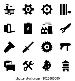 Solid vector icon set - airport building vector, gear, sun panel, water power plant, battery, saw, bolt, clinch, disk, drill machine, tool, wrench hammer, chicken toy, block house