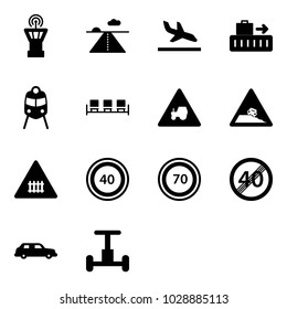 Solid vector icon set - airport tower vector, runway, arrival, baggage, train, waiting area, tractor way road sign, steep roadside, railway intersection, speed limit 40, 70, end, limousine