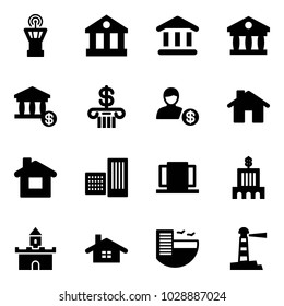 Solid vector icon set - airport tower vector, bank, account, home, building, doors, sand fort, hotel, lighthouse