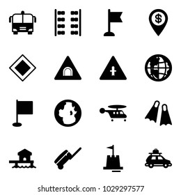 Solid vector icon set - airport bus vector, plane seats, flag, dollar pin, main road sign, tunnel, intersection, globe, helicopter, flippers, bungalow, suitcase, sand castle, car baggage