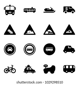 Solid vector icon set - airport bus vector, snowmobile, encashment car, multi lane traffic road sign, climb, embankment, crash, no, bike, baggage, baby, toy