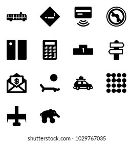 Solid vector icon set - airport bus vector, smoking area sign, tap pay, no left turn road, pause, calculator, pedestal, signpost, mail dollar, lounger, car baggage, circuit, milling cutter