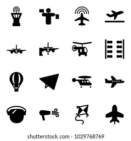 Solid vector icon set - airport tower vector, traffic controller, plane radar, departure, boarding passengers, helicopter, seats, air balloon, paper fly, protect glass, dryer, kite, toy