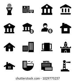 Solid vector icon set - airport tower vector, hospital building, bank, account, home, doors, sand fort, hotel, sea, lighthouse