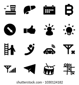 Solid vector icon set - airport building vector, liver, schedule, bitcoin, detour road sign, like, idea, bulb, opportunity, flying man, car wireless, no signal, fine, paper plane, drum, Tic tac toe