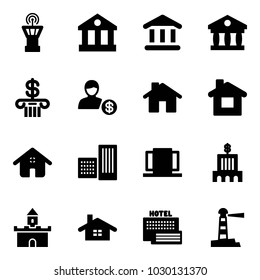 Solid vector icon set - airport tower vector, bank, account, home, building, doors, sand fort, sea hotel, lighthouse