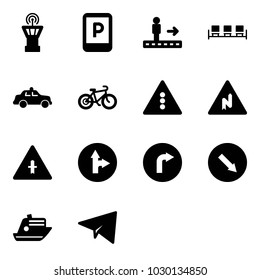 Solid vector icon set - airport tower vector, parking sign, travolator, waiting area, safety car, bike, traffic light road, abrupt turn right, intersection, only forward, detour, cruiser