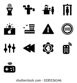 Solid vector icon set - airport tower vector, traffic controller, passport control, metal detector gate, terrorism, building, light road sign, customs, settings, fast backward, gear globe, remote