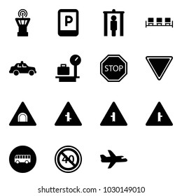 Solid vector icon set - airport tower vector, parking sign, metal detector gate, waiting area, safety car, baggage scales, stop road, giving way, tunnel, intersection, bus, end minimal speed limit