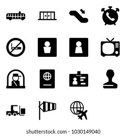 Solid vector icon set - airport bus vector, automatic doors, escalator down, phone alarm, no smoking sign, male wc, female, tv, officer window, passport, identity, stamp, fork loader, side wind