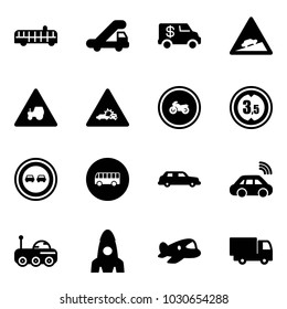 Solid vector icon set - airport bus vector, trap truck, encashment car, climb road sign, tractor way, crash, no moto, limited height, overtake, limousine, wireless, moon rover, rocket, plane toy