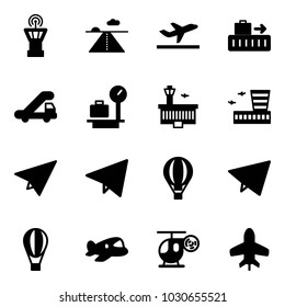 Solid vector icon set - airport tower vector, runway, departure, baggage, trap truck, scales, building, paper plane, fly, air balloon, toy, helicopter