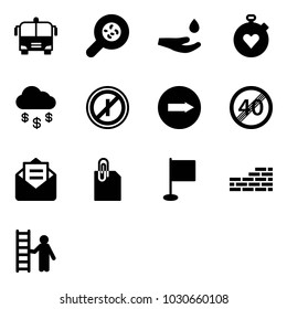 Solid vector icon set - airport bus vector, bacteria, drop hand, stopwatch heart, money rain, no parkin odd, only right road sign, end speed limit, opened mail, attachment, flag, brick wall