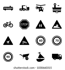 Solid vector icon set - airport bus vector, fork loader, helicopter, building, bike, stop road sign, oncoming traffic, steep roadside, side wind, speed limit 60, 70, 90, wheelbarrow, sailboat toy