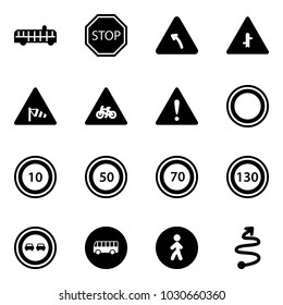Solid vector icon set - airport bus vector, stop road sign, turn left, intersection, side wind, for moto, attention, prohibition, speed limit 10, 50, 70, 130, no overtake, pedestrian way, trip