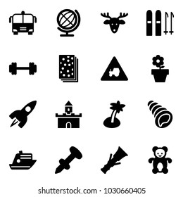 Solid vector icon set - airport bus vector, globe, christmas deer, ski, barbell, breads, tractor way road sign, flower pot, rocket, sand fort, palm, shell, cruiser, nail dowel, bear toy
