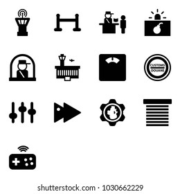 Solid vector icon set - airport tower vector, vip zone, passport control, terrorism, officer window, building, floor scales, customs road sign, settings, fast forward, gear globe, jalousie