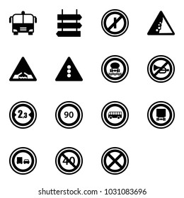 Solid vector icon set - airport bus vector, sign post, no parkin odd, landslide road, drawbridge, traffic light, dangerous cargo, horn, limited width, speed limit 90, truck overtake, end minimal
